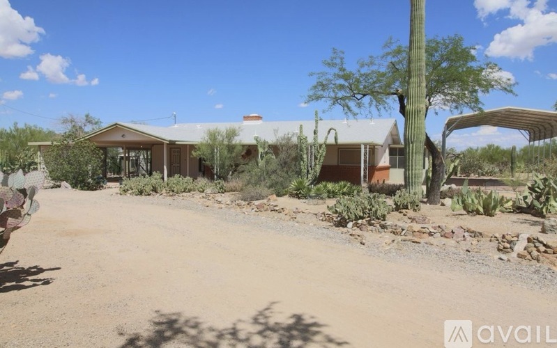 A house with a white roof and a brown door is surrounded by a dirt road and vegetation.
