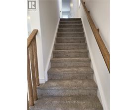 A staircase with a wooden handrail and carpeted steps.