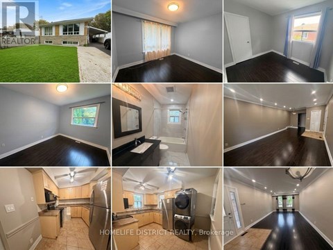 A collage of images showcasing the exterior, interior, and kitchen of a property.