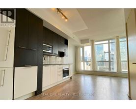 A modern kitchen with black cabinets and white appliances.