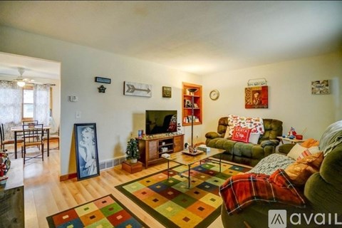 A living room with a green couch and a colorful rug.