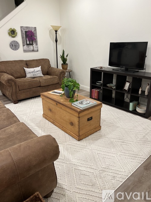 A living room with a brown couch, a coffee table, and a television.