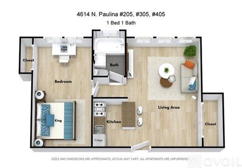 A floor plan of an apartment at 4614 N. Paulina showing a bedroom, living area, kitchen, and bathroom.