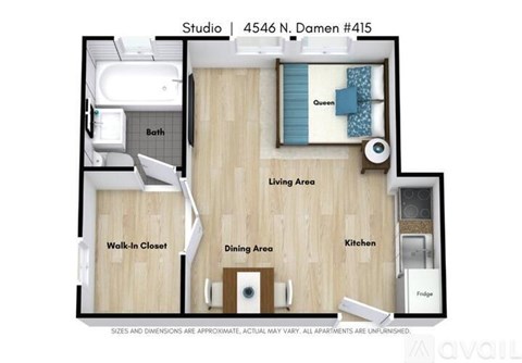 A floor plan of a studio apartment at 4546 N. Damen #415.
