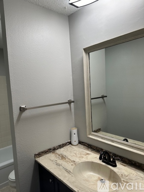 A bathroom with a sink, mirror, and towel rack.