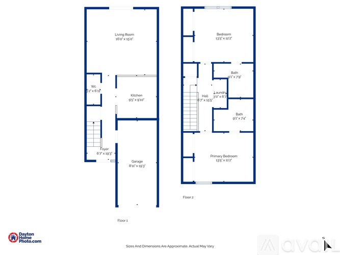 Floor plan of a home with two bedrooms, a living room, a kitchen, a garage, and a primary bedroom.