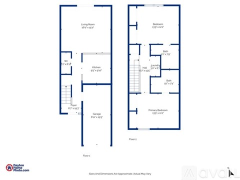 Floor plan of a home with two bedrooms, a living room, a kitchen, a garage, and a primary bedroom.