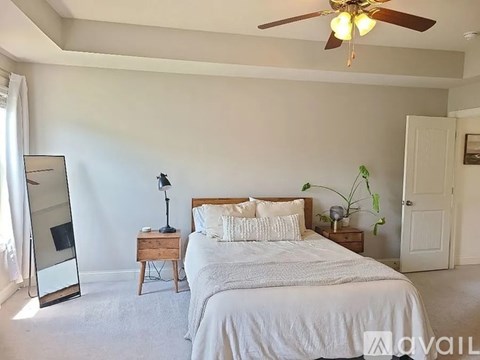 A bedroom with a large bed, a ceiling fan, and a nightstand with a lamp.