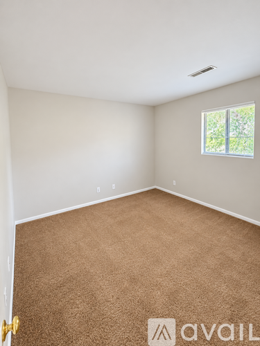 A room with a carpeted floor and a window letting in natural light.