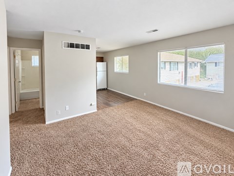 A large, empty room with a carpeted floor and a window showing a view of a house.