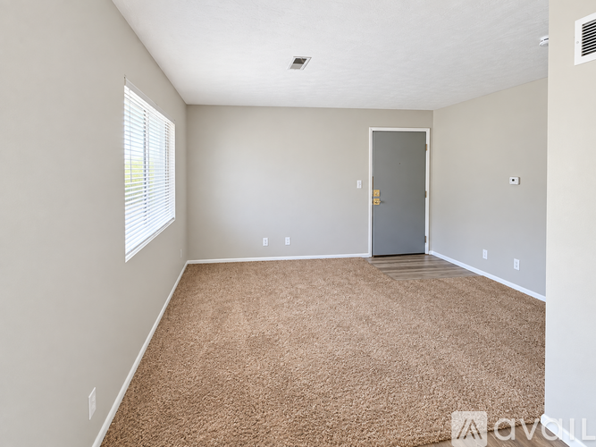A room with a carpeted floor and a door.