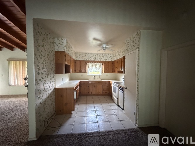 A kitchen with wooden cabinets and a ceiling fan.