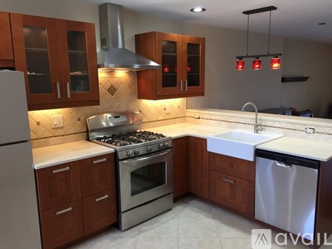 A kitchen with wooden cabinets and a stainless steel dishwasher.