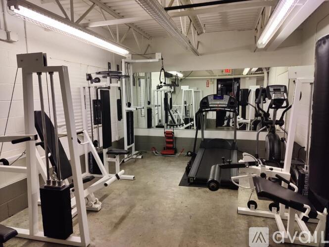 A gym with various exercise machines and weights.