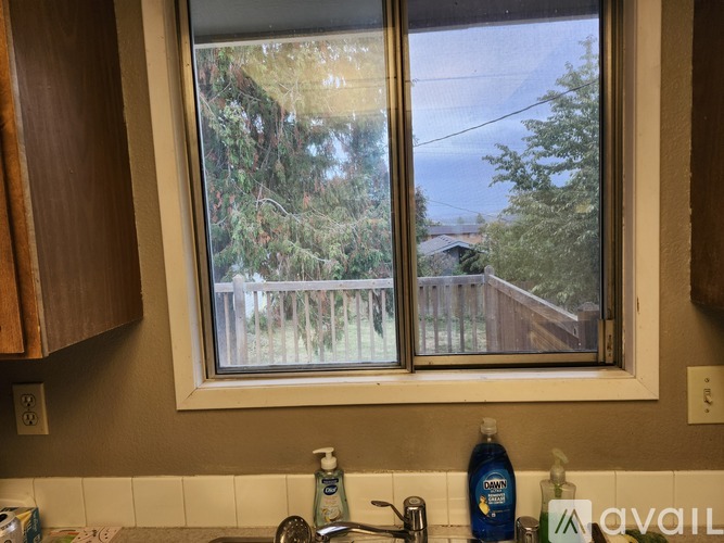 A kitchen sink with a window overlooking a backyard.