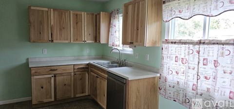A kitchen with wooden cabinets and a green wall.