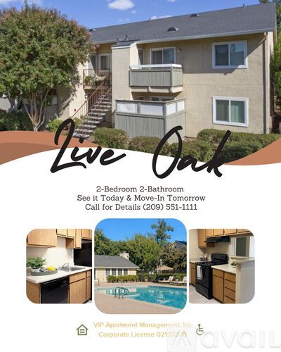 A flyer for a 2-bedroom, 2-bathroom apartment with a pool and a kitchen.