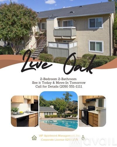 A flyer for a 2-bedroom, 2-bathroom apartment with a pool and a kitchen.