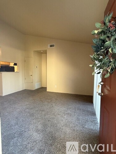A room with a grey carpet and a red door.
