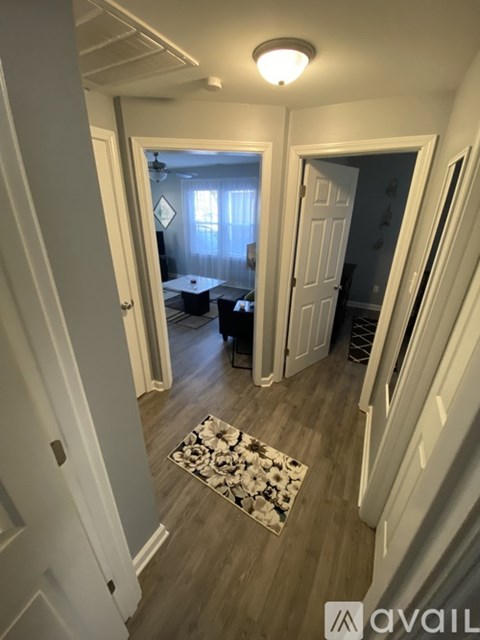 A hallway with a rug and a door leading to a bedroom.