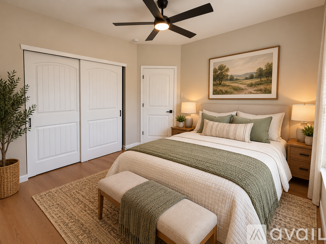 A bedroom with two beds and a ceiling fan.