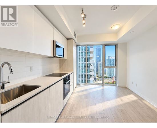 A modern kitchen with a view of the city.