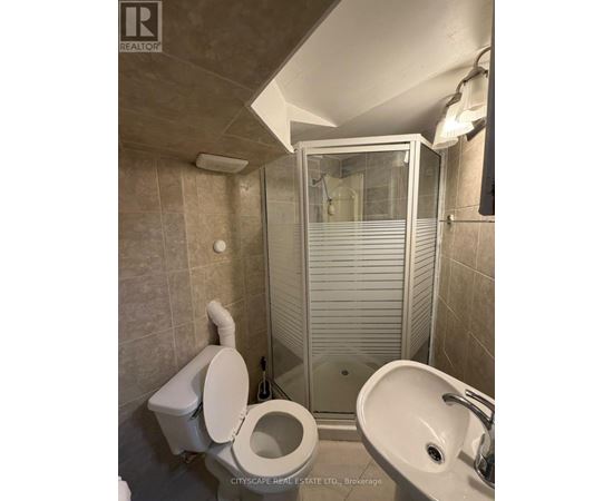 A bathroom with a toilet, sink, and shower.