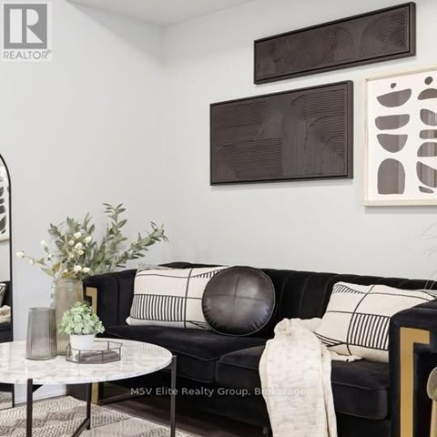 A black and white sofa with a round pillow and a white throw on it.