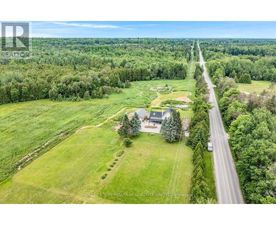 A road runs through a green field with a house on the right side.