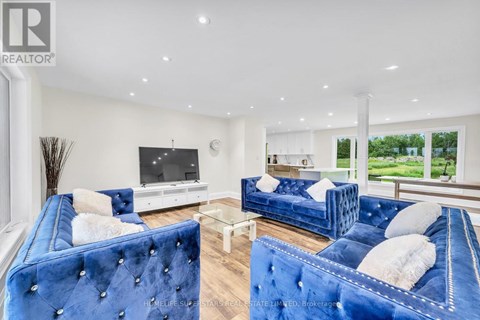 A living room with blue velvet sofas and a television.