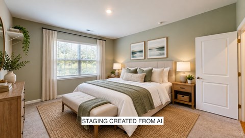 A bedroom with a large bed, a nightstand, and a window with curtains.