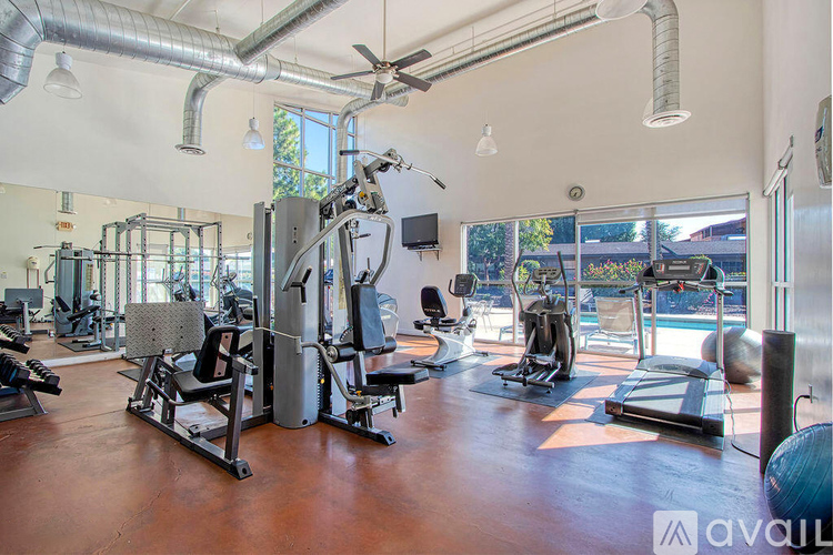 A gym with a variety of equipment including a treadmill, weights, and a television.