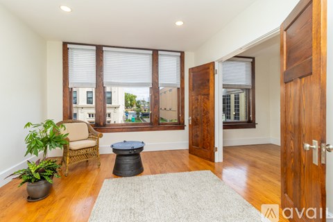 A living room with a chair, potted plant, and a rug.