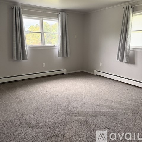 A room with grey carpet and two windows with curtains.