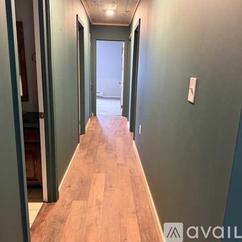 A long hallway with wood flooring and doors on both sides.