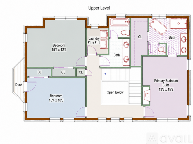 A floor plan of an upper level apartment with a primary bedroom suite and two other bedrooms.
