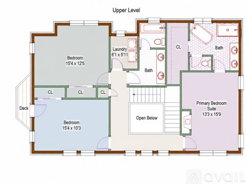 A floor plan of an upper level apartment with a primary bedroom suite and two other bedrooms.