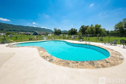 A large outdoor swimming pool surrounded by a stone border.