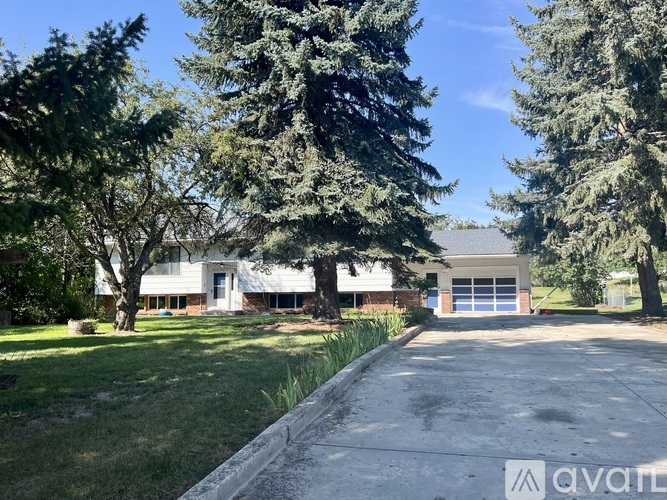 A house with a driveway and trees in front of it.