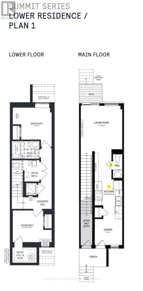 A floor plan for a Summit Series lower residence with two bedrooms, a living room, a kitchen, and a bathroom.