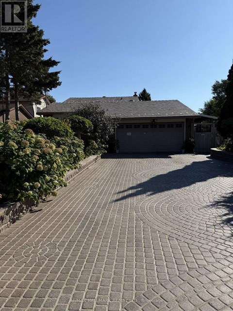 A driveway with a circular pattern leading to a garage.