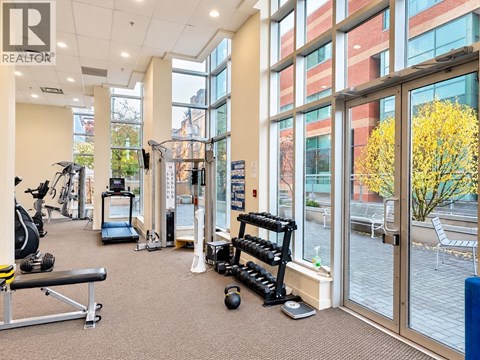 A gym with a variety of equipment including weights and cardio machines.