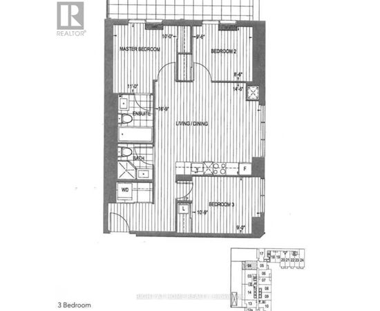 A black and white image of a 3 bedroom floor plan.