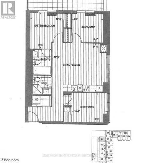 A black and white image of a 3 bedroom floor plan.