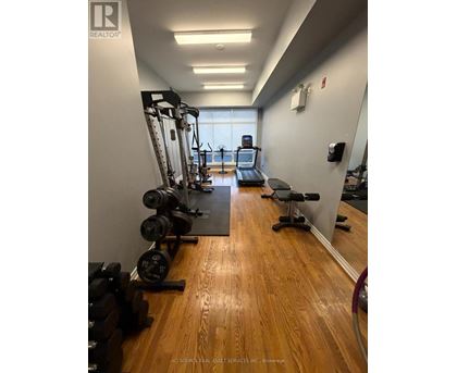 A gym with a mirror, weights, and cardio equipment.