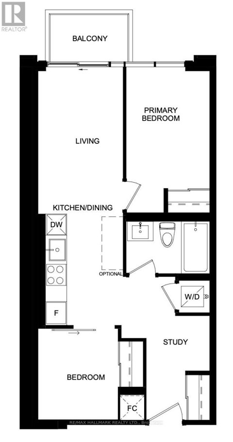 A black and white image of a floor plan for a balcony, living room, kitchen/dining area, study, and two bedrooms.