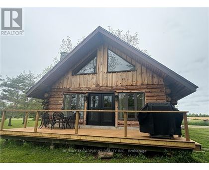 A wooden cabin with a deck and a grill.