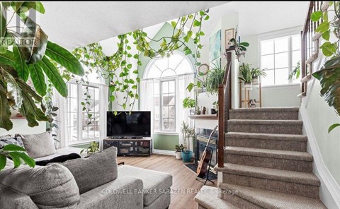A living room with a grey couch and a television.