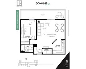 A floor plan for a real estate listing shows a living area with a kitchen and two bathrooms.