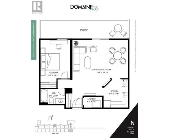 A floor plan for a real estate listing shows a living area with a kitchen and two bathrooms.